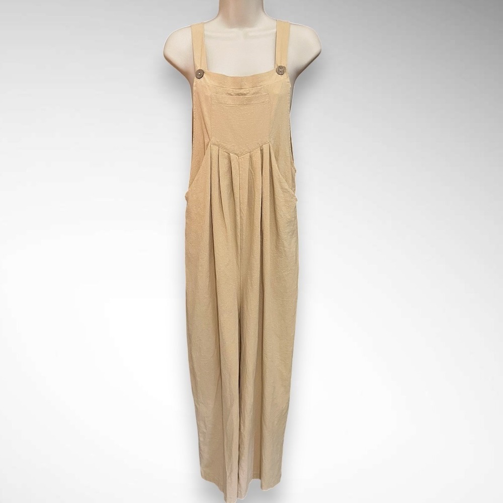 Women's Khaki Wide-Leg Relaxed Fit Jumpsuit Overalls With Adjustable Straps NWOT - Picture 2 of 8